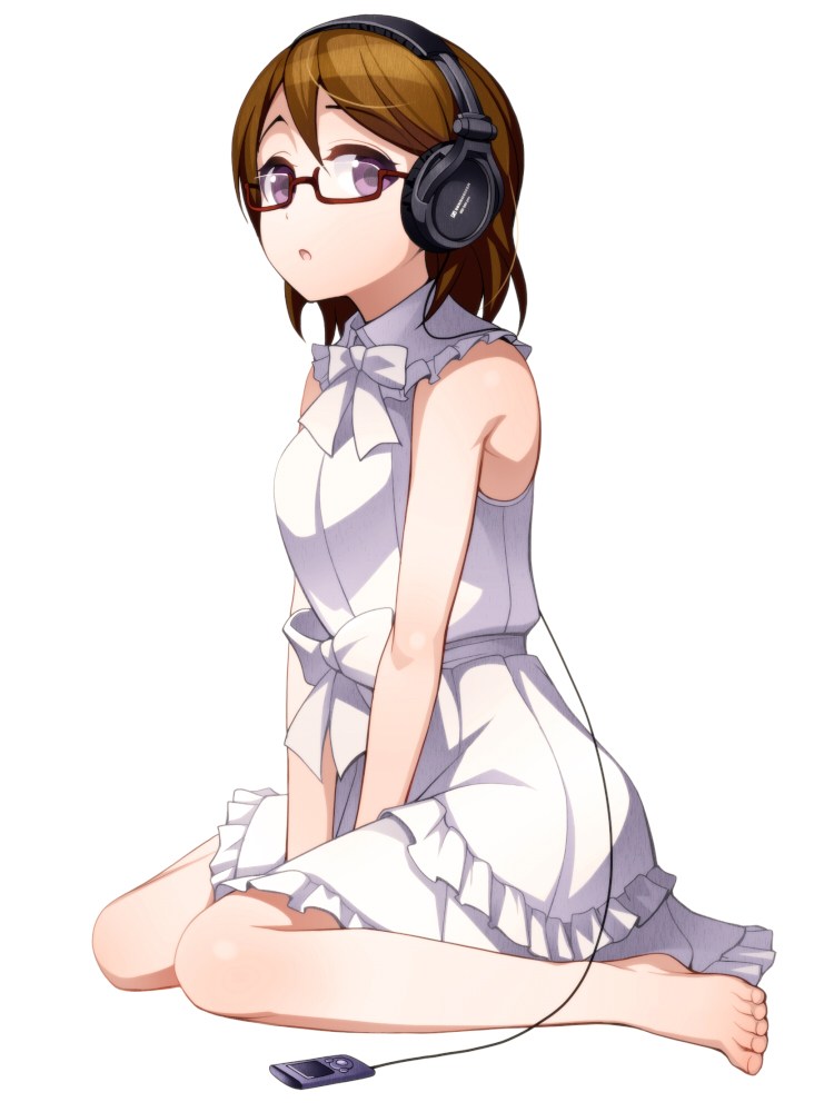 1girl :o blush brown_hair digital_media_player glasses headphones koizumi_hanayo looking_at_viewer love_live!_school_idol_project short_hair simple_background sitting sleeveless solo torigoe_takumi v_arms violet_eyes wariza white_background