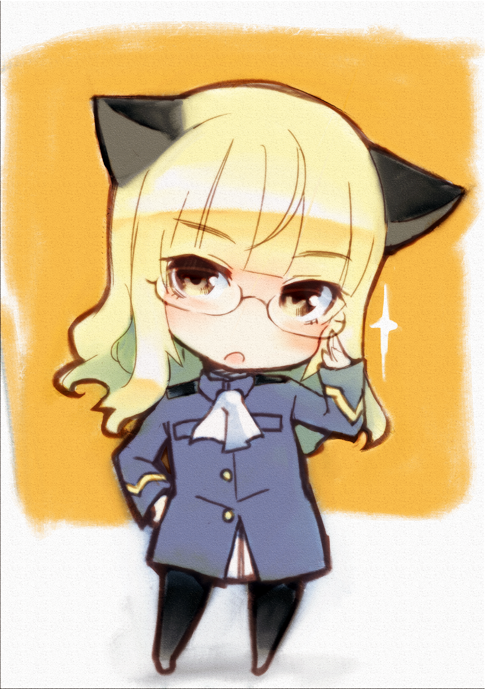 1girl adjusting_glasses animal_ears blonde_hair brown_eyes cat_ears chibi glasses glint hand_on_hip long_hair open_mouth perrine_h_clostermann sakura_akami solo strike_witches traditional_media