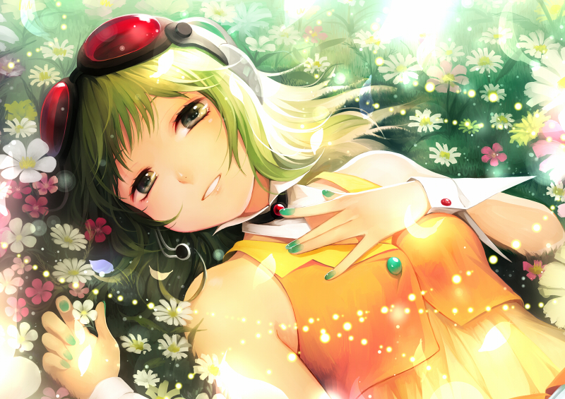 1girl anina flower flower_bed goggles goggles_on_head green_eyes green_hair gumi hand_on_own_chest headset lying nail_polish short_hair smile vocaloid wrist_cuffs