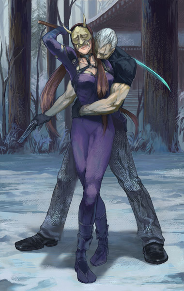 1boy 1girl rnwhite_hair android artist_request bodysuit breasts brown_hair bryan_fury crossed_legs_(standing) fingerless_gloves fox_mask gloves gun harness hetero hug hug_from_behind kunimitsu_(tekken) large_breasts long_hair mask mole namco