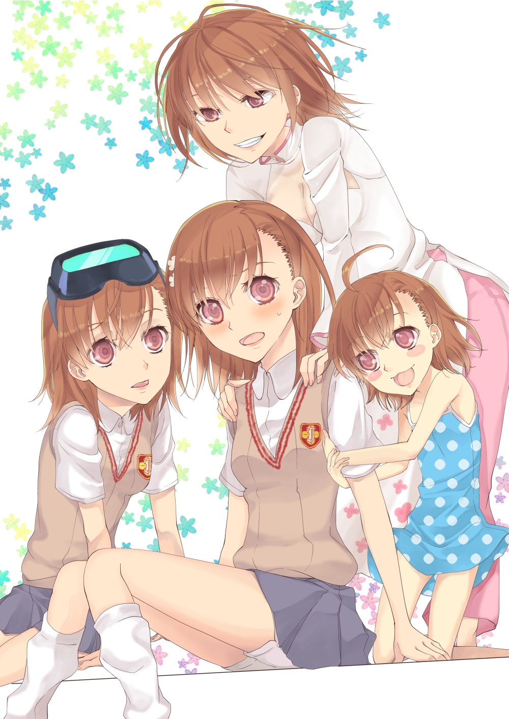 4girls brown_eyes brown_hair dress haru_(akai-hoho) head_mounted_display highres last_order misaka_imouto misaka_mikoto misaka_worst multiple_girls polka_dot polka_dot_dress school_uniform short_hair to_aru_majutsu_no_index vietnamese_dress