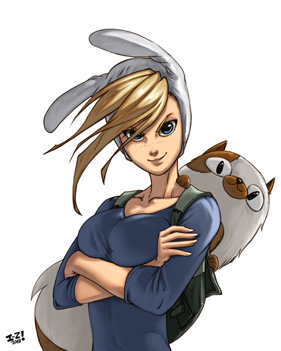 1girl adventure_time animal animal_ears backpack bag blonde_hair blue_eyes breasts cake_(adventure_time) crossed_arms fionna freckles fringe hood irving-zero large_breasts rabbit_ears smirk