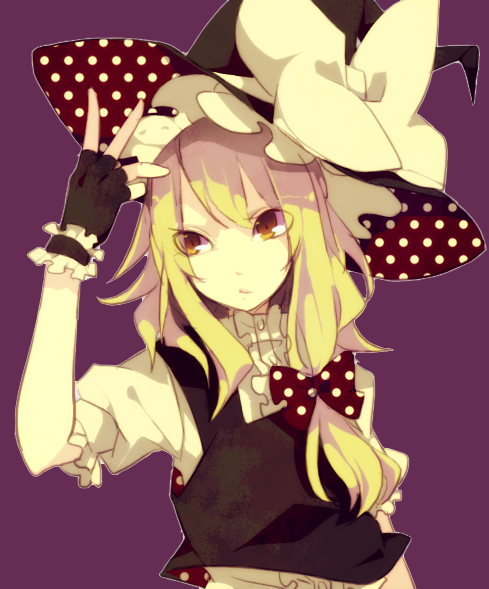 1girl adjusting_hat blonde_hair brown_eyes bust fingerless_gloves gloves kirisame_marisa long_hair polka_dot purple_background simple_background touhou yellow_eyes yugake_(mrnmrm)