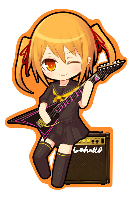 1girl chibi flat_chest guitar ico_(green_bullet) instrument looking_at_viewer orange_eyes orange_hair original simple_background skirt smile solo thigh-highs white_background