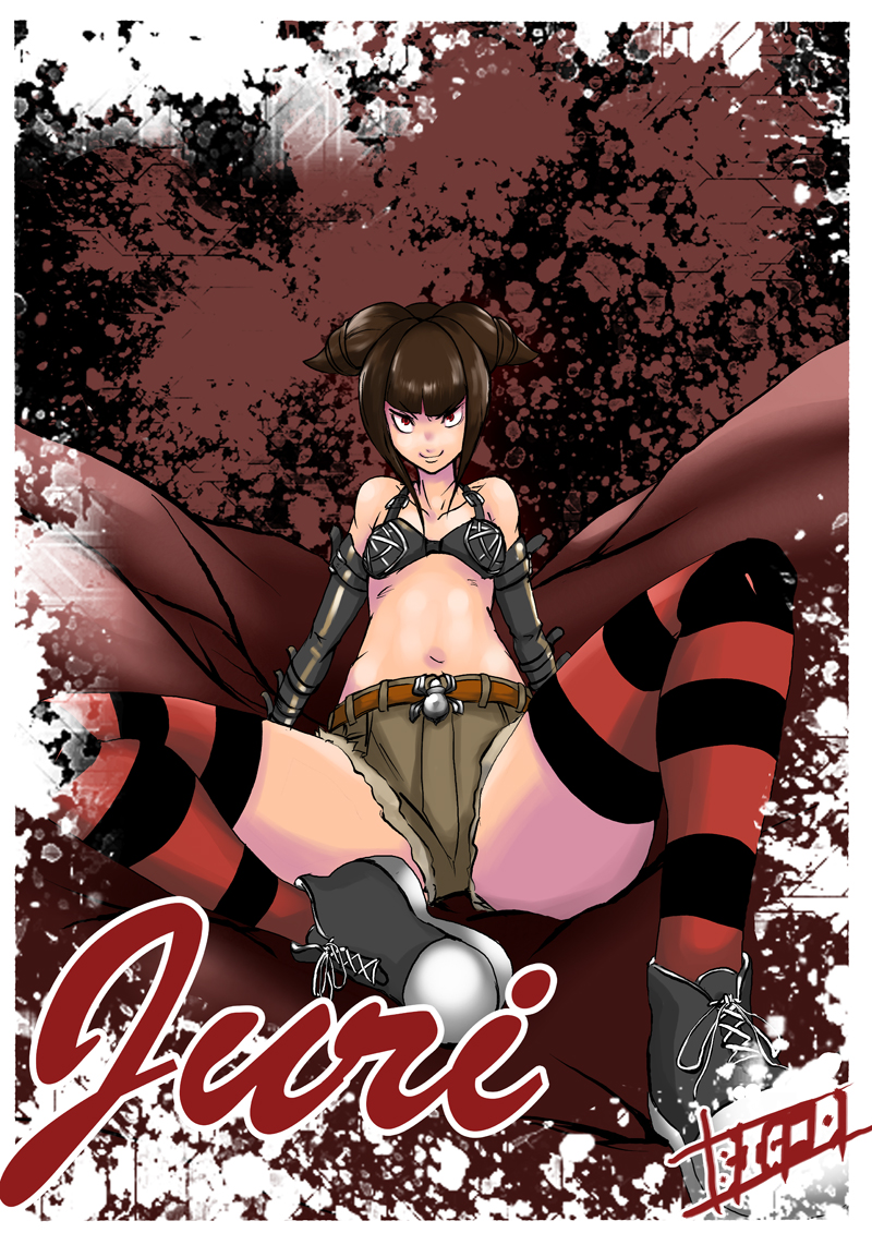 1girl alternate_costume belt belt_buckle big-d bikini_top cutoffs elbow_gloves gloves han_juri pointy_hair punk red_eyes red_legwear shoes short_hair short_shorts shorts small_breasts smile sneakers solo spider spread_legs street_fighter street_fighter_iv striped striped_legwear super_street_fighter_iv thigh-highs twintails