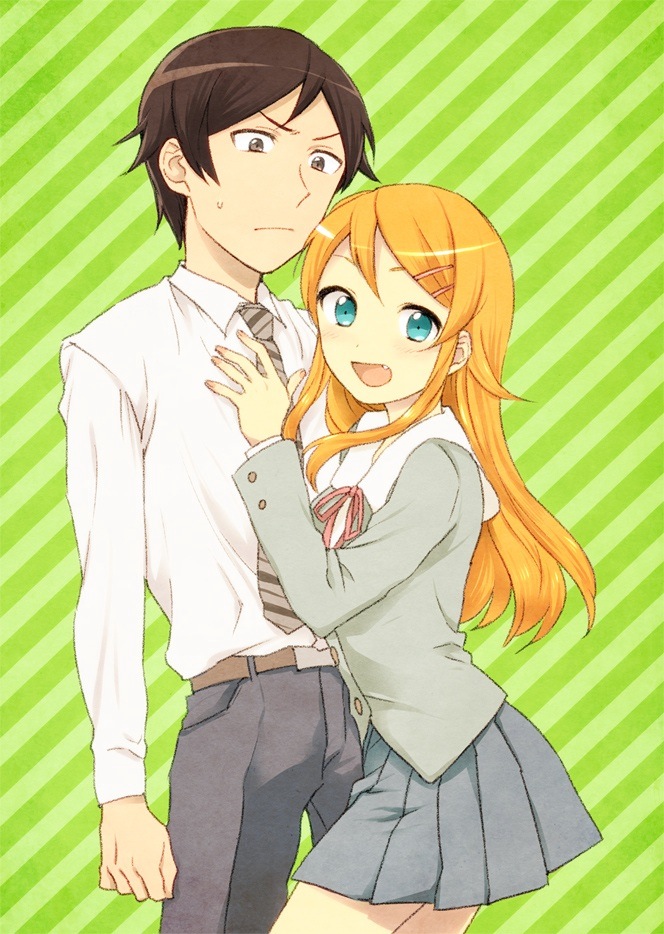 1boy 1girl black_eyes black_hair blue_eyes brother_and_sister coeda fang kousaka_kirino kousaka_kyousuke long_hair necktie orange_hair ore_no_imouto_ga_konna_ni_kawaii_wake_ga_nai school_uniform short_hair siblings