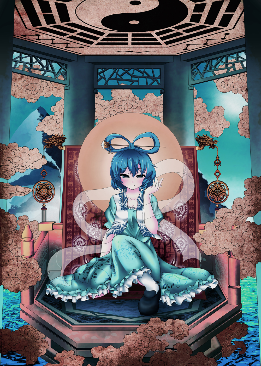 1girl antisukil arm_up ba_gua blue_eyes blue_hair blue_sky clouds collarbone dragon dress eastern_dragon hair_ornament hair_rings hair_stick highres kaku_seiga looking_at_viewer open_hand pillar platform puffy_short_sleeves puffy_sleeves shawl short_hair short_sleeves sky smirk solo tapestry touhou trigram vest water wind_chime yin_yang