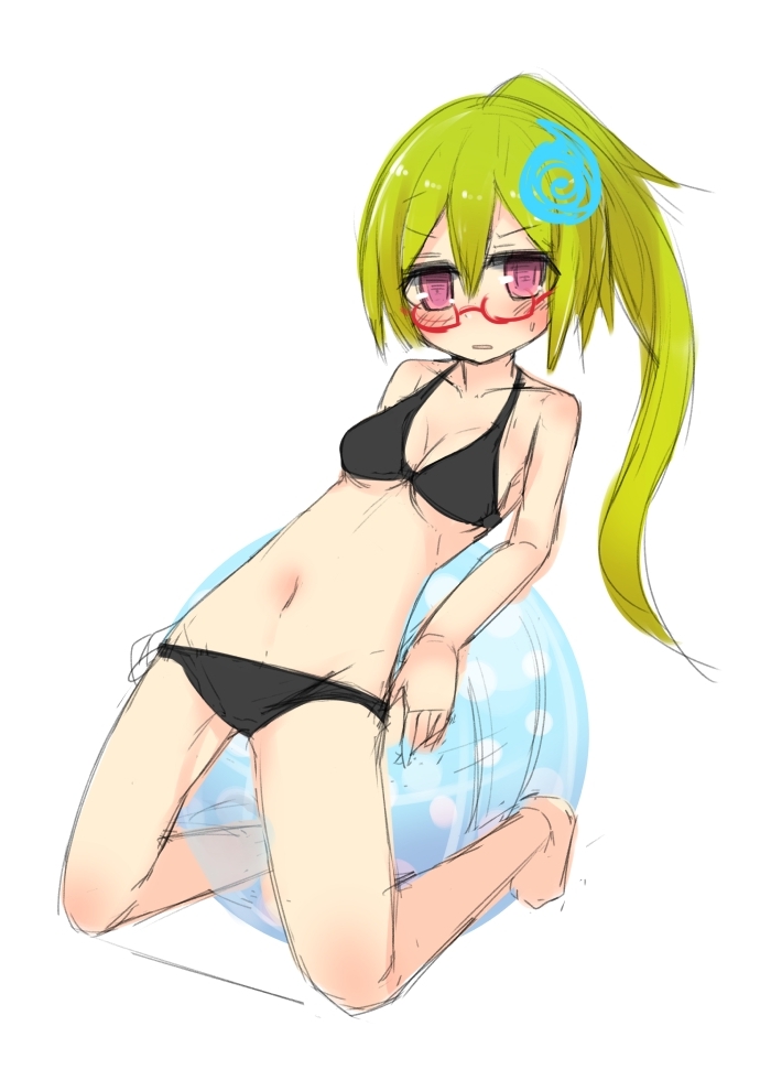 1girl bikini blush breasts glasses ico_(green_bullet) kimidori_(ico) long_hair looking_at_viewer original simple_background solo swimsuit violet_eyes white_background