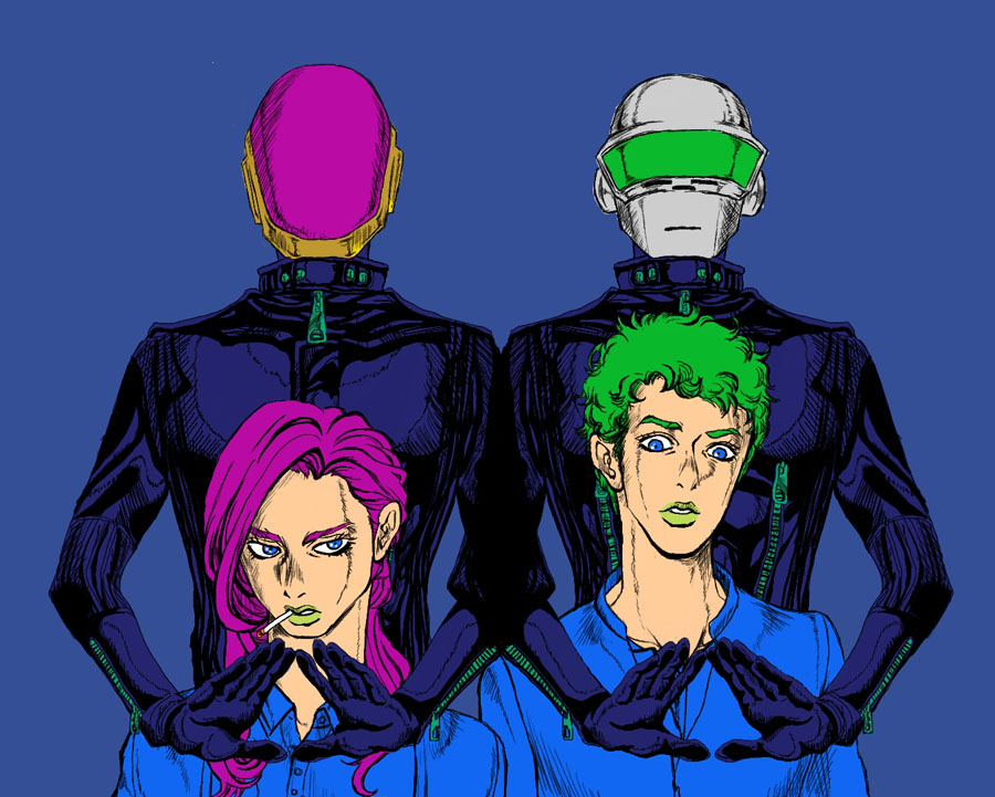 blue_eyes character_request cigarette crossover daft_punk green_hair green_lipstick guy_manuel_de_homemchristo helmet jojo_no_kimyou_na_bouken lipstick long_hair makeup miso_aji pink_hair thomas_bangalter