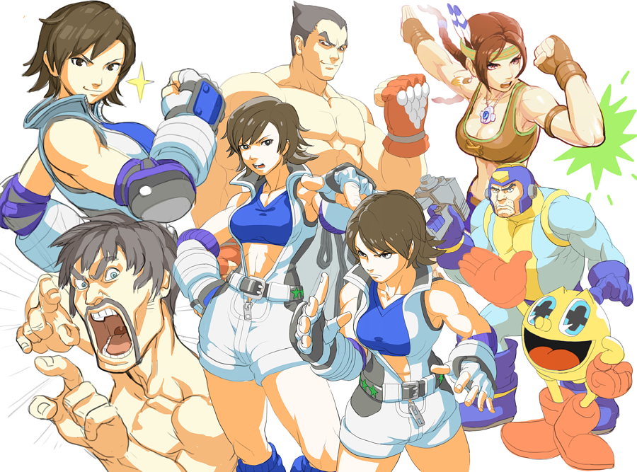 +_+ 1girl attack black_hair blue_eyes braid breasts brown_eyes brown_hair cleavage collage denim_skirt earrings elbowing facial_hair fat feathers fingerless_gloves gloves gun hair_feathers headband helmet jewelry julia_chang kazama_asuka large_breasts long_hair marshall_law midriff mishima_kazuya multiple_boys muscle mustache necklace oetarou pac-man pac-man_(game) rockman_(character) shirtless short_hair shorts single_braid street_fighter_x_tekken stubble tekken toned twin_braids weapon