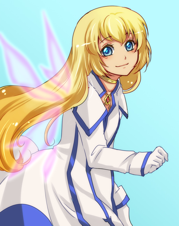 1girl alternate_wings blonde_hair blue_background blue_eyes choker colette_brunel gloves jewelry kamabo_ko long_hair necklace simple_background smile solo tales_of_(series) tales_of_symphonia wings