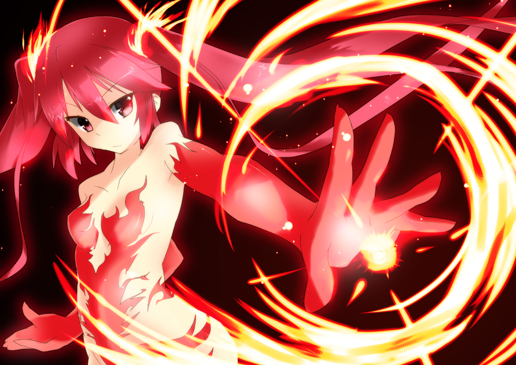 1girl bare_shoulders breasts cthugha_(nyaruko-san) elbow_gloves fiery_hair fire fireball flame gloves haiyore!_nyaruko-san long_hair outstretched_arm red_eyes redhead shimpa solo twintails