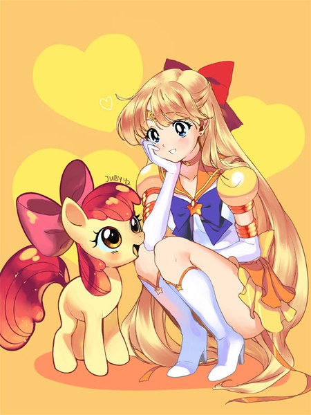 aino_minako applebloom bishoujo_senshi_sailor_moon blonde_hair blue_eyes boots crossover elbow_gloves gloves heart juby my_little_pony my_little_pony_friendship_is_magic pony redhead skirt thigh-highs thighs