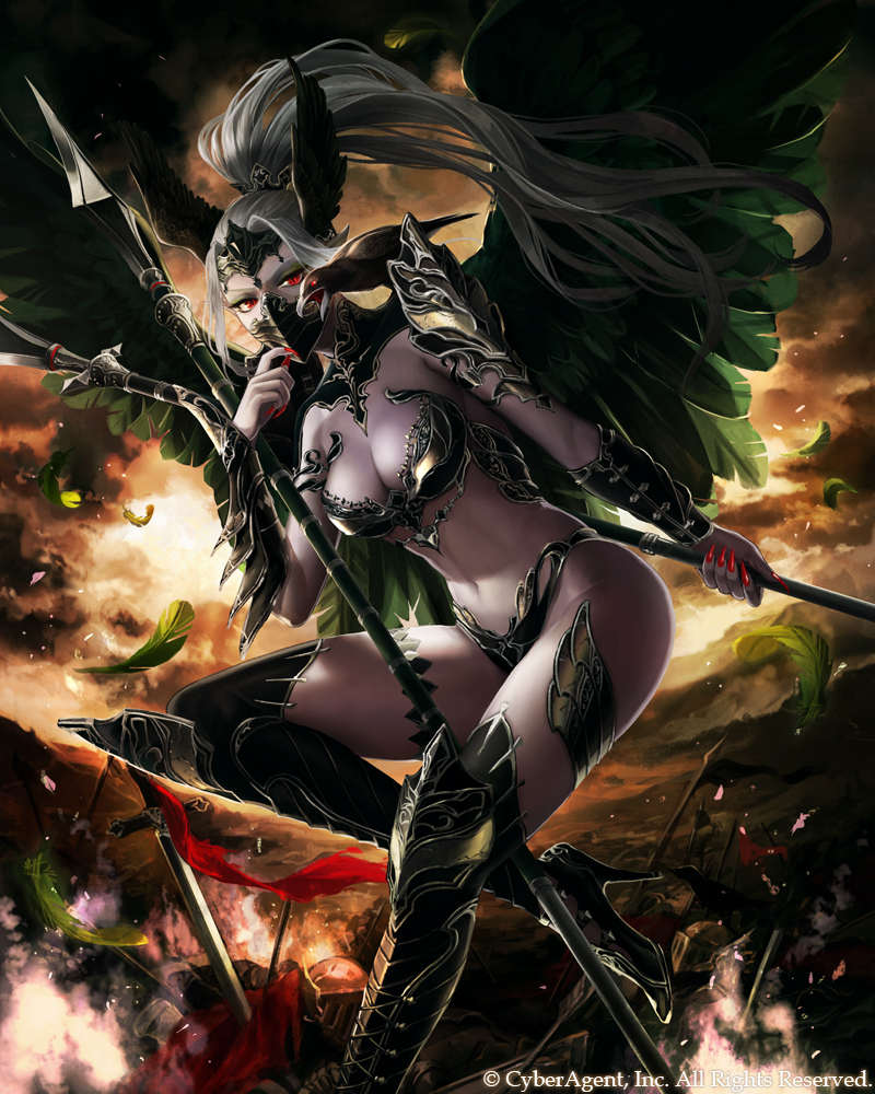 armor bikini_armor bird bracer breasts circlet cleavage clouds crow feathers fingernails greaves head_wings high_heels long_fingernails long_hair mask midriff nail_polish navel official_art polearm ponytail red_eyes shoes silver_hair sky suda_ayaka tenkuu_no_crystalia thigh-highs weapon wings