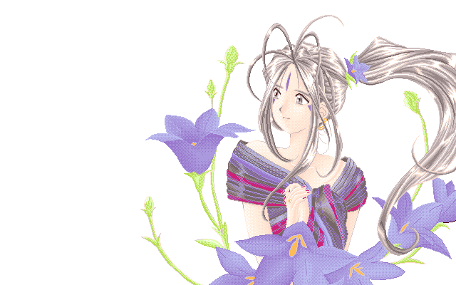 aa_megami-sama alternate_hair_color antenna_hair belldandy dithering earrings facial_mark flower forehead_mark grey_eyes grey_hair hair_flower hair_ornament hands_clasped jewelry long_hair looking_to_the_side nail_polish pixel_art ponytail source_request white_background