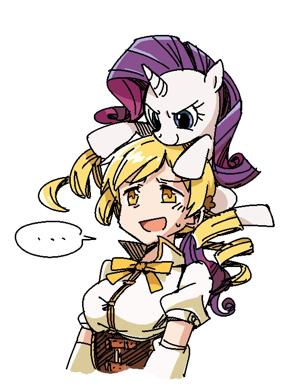 ... 1girl beret blonde_hair blue_eyes breasts crossover detached_sleeves drill_hair ears hair_ornament hat hobbang horn long_hair magical_girl mahou_shoujo_madoka_magica my_little_pony my_little_pony_friendship_is_magic open_mouth pony puffy_sleeves purple_hair rarity simple_background smile source_request sweat tomoe_mami twin_drills twintails unicorn white_background yellow_eyes