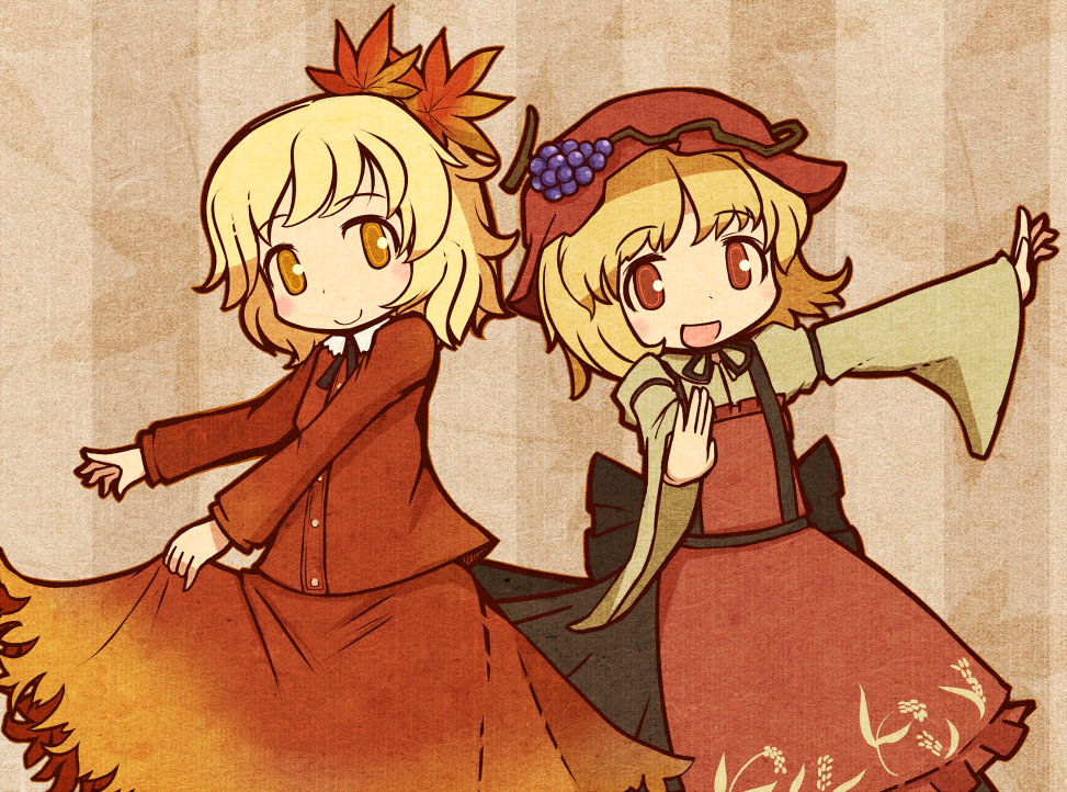 2girls aki_minoriko aki_shizuha akihiyo apron blonde_hair food fruit grapes hat leaf_hair_ornament long_sleeves looking_at_viewer multiple_girls open_hand open_mouth outstretched_arms red_eyes ribbon short_hair siblings simple_background sisters skirt skirt_hold skirt_set smile striped striped_background touhou wide_sleeves yellow_eyes