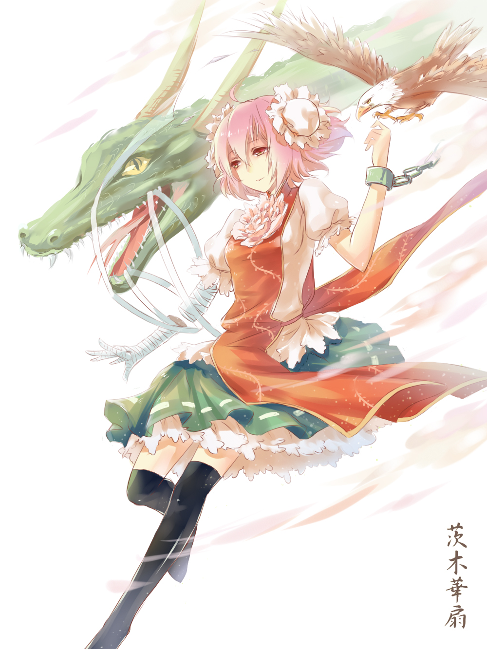 1girl ahoge aluo_(pixiv6246190) arm_up bandages bird black_legwear blouse chain character_name clouds cuffs double_bun dragon eagle eastern_dragon flower flying high_collar highres horns ibaraki_kasen looking_away manacles no_shoes petticoat pink_hair puffy_short_sleeves puffy_sleeves red_eyes rose sharp_teeth short_hair short_sleeves simple_background skirt smile tabard thigh-highs touhou white_background