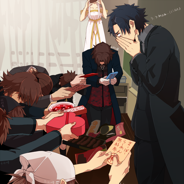 1girl 6+boys brown_eyes brown_hair emiya_kiritsugu fate/extra fate/stay_night fate/tiger_colosseum fate/zero fate_(series) fley3black gift head_scarf heart irisviel_von_einzbern kotomine_kirei mapo_doufu multiple_boys multiple_persona triquetra young