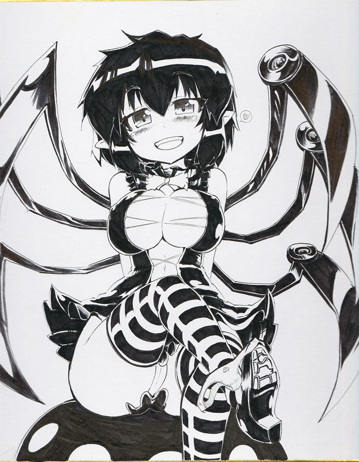 1girl adapted_costume asymmetrical_wings bare_shoulders breasts cleavage heart houjuu_nue leg_lift looking_at_viewer monochrome naughty_face okiraku_nikku open_mouth panties panties_around_one_leg panty_pull pointy_ears short_hair sitting smile solo spoken_heart striped striped_legwear touhou traditional_media underwear wings