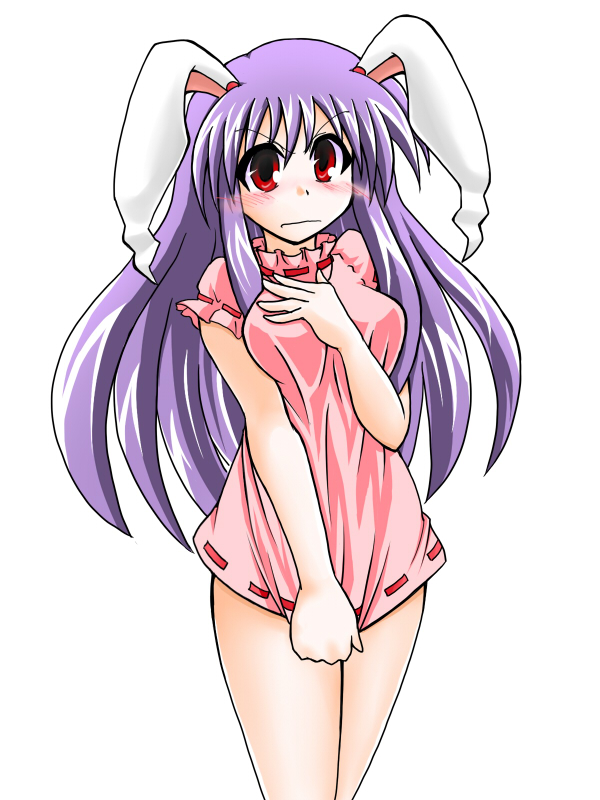 1girl angry animal_ears blush bottomless breasts dress inaba_tewi_(cosplay) long_hair pink_dress purple_hair rabbit_ears red_eyes reisen_udongein_inaba solo touhou