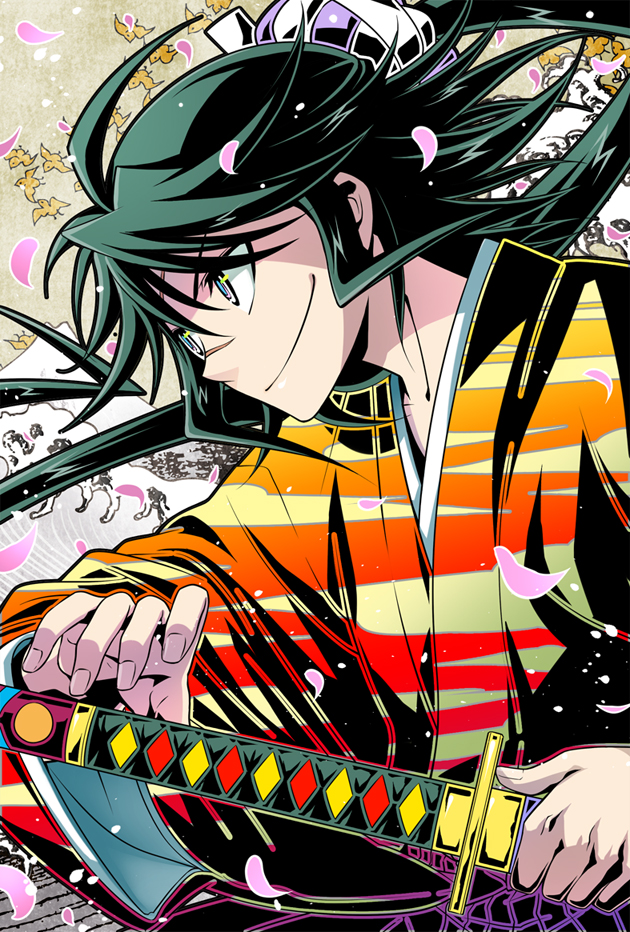 1boy akaumi bird green_hair katana long_hair mountain mushibugyou petals ponytail samurai scar solo sword tsukishima_jinbei weapon