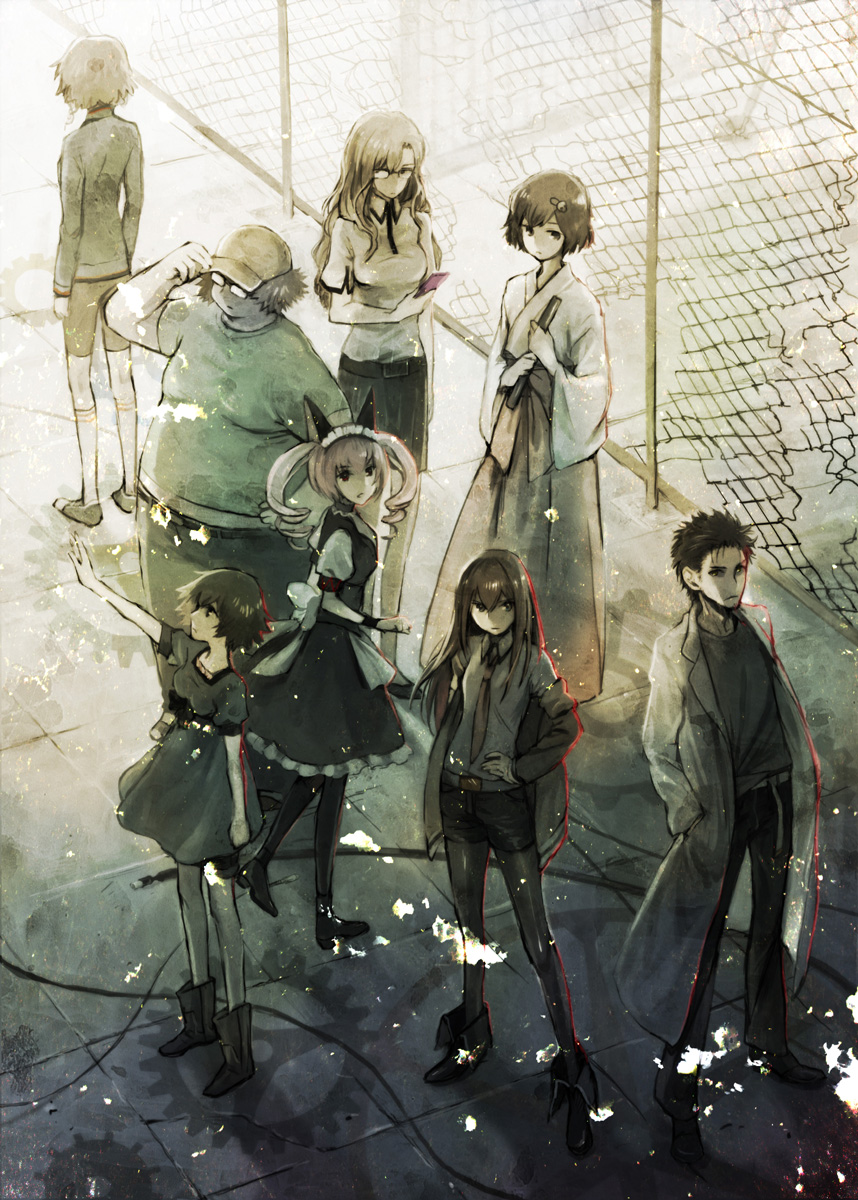 3boys 5girls amane_suzuha baseball_cap bike_shorts black_legwear cable cellphone chain-link_fence everyone faris_nyannyan from_above gears glasses hair_ornament hairclip hand_on_hip hands_in_pockets hashida_itaru hat highres japanese_clothes kiryuu_moeka legwear_under_shorts makise_kurisu miko miya_(hooooo) multiple_boys multiple_girls okabe_rintarou opaque_glasses outstretched_arm pantyhose phone shiina_mayuri short_hair shorts steins;gate urushibara_ruka