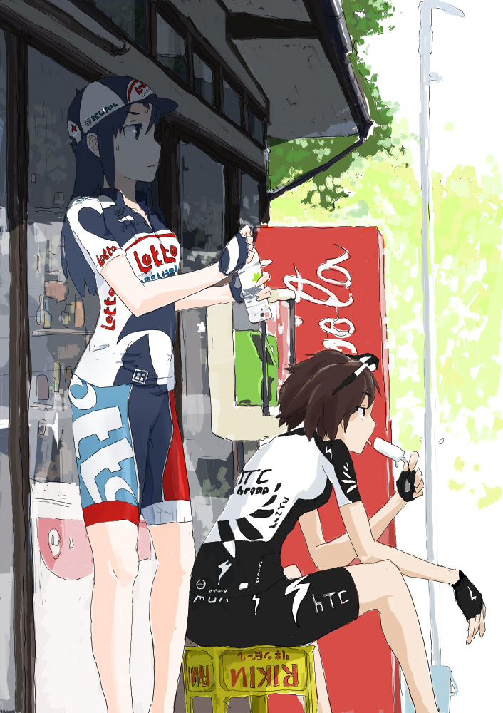 2girls baseball_cap bike_shorts black_hair bottle brown_hair dripping fingerless_gloves food gloves hat ice_cream keisan long_hair looking_away multiple_girls original popsicle shade shop short_hair sitting standing sunlight sweat tongue vending_machine water_bottle