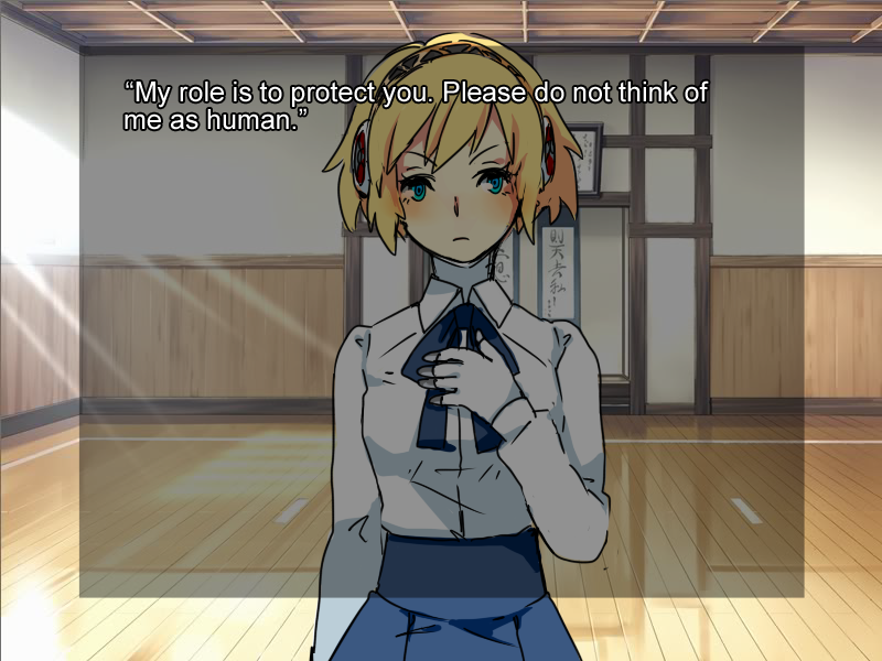 1girl aegis ai-wa android blonde_hair blue_eyes cosplay dojo dress english fake_screenshot fate/stay_night fate_(series) parody persona persona_3 ribbon saber saber_(cosplay) short_hair solo