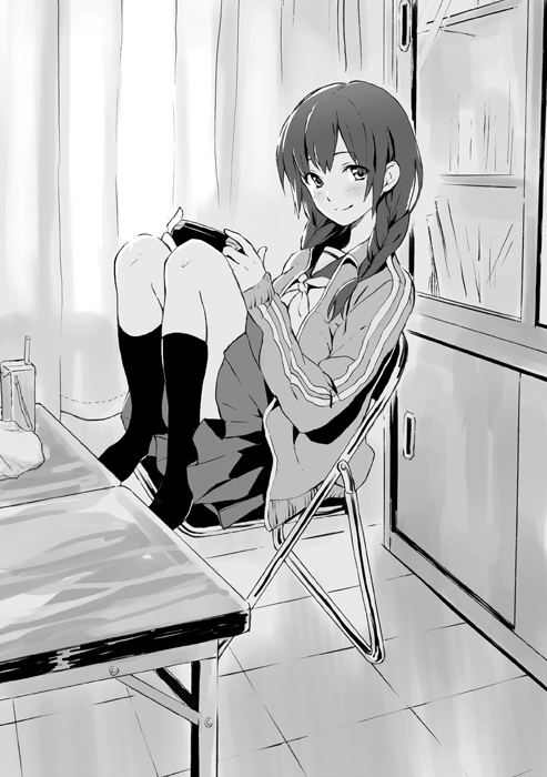 1girl braid cabinet chair curtains folding_chair indoors juice_box monochrome original playing_games playstation_portable school_uniform sitting skirt table twin_braids yuu_(warm_water)