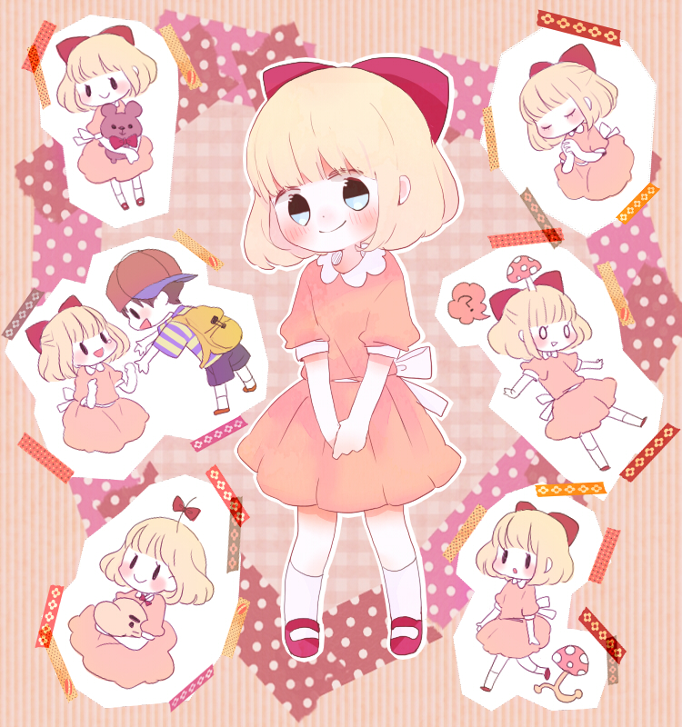 ? backpack bag black_eyes black_hair blonde_hair blue_eyes doseisan hat mother_(game) mother_2 mushroom ness nintendo paula_polestar ribbon smile stuffed_animal stuffed_toy teddy_bear