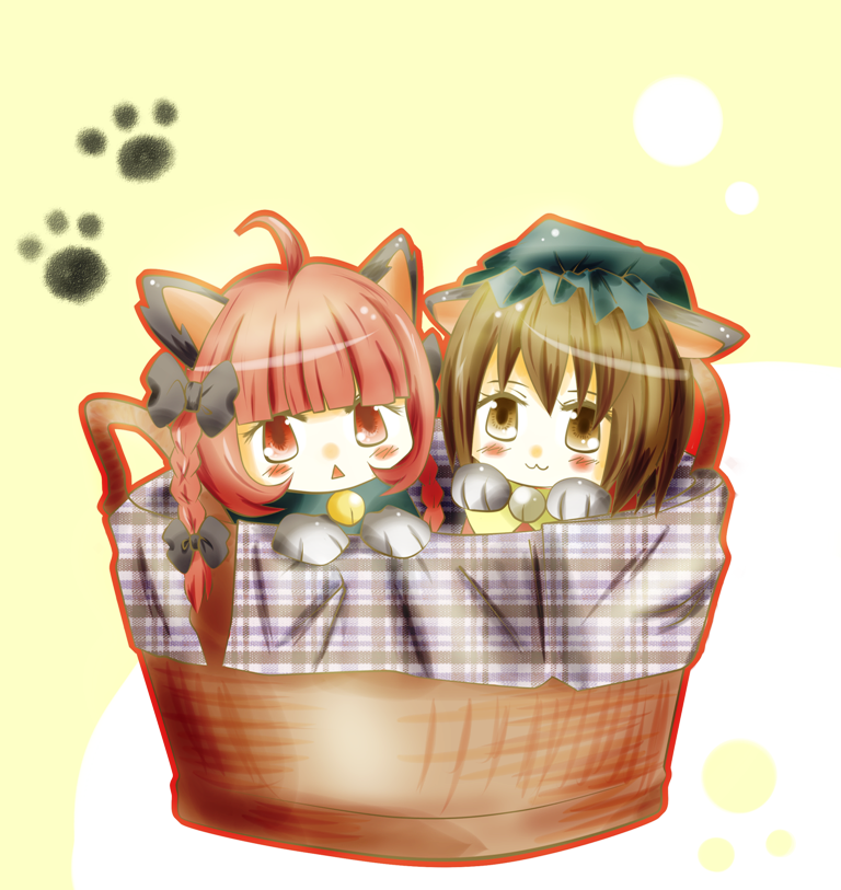 2girls :&lt; :3 ahoge animal_ears basket bell blush_stickers bow braid brown_eyes brown_hair cat_ears cat_feet chen chibi hair_bow kaenbyou_rin looking_at_viewer mob_cap multiple_girls nelly_(sunhigh70) outline paw_pose paw_print red_eyes redhead short_hair touhou twin_braids yellow_background