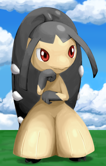 grass mawile no_humans outdoors pokemoa pokemon pokemon_(creature) red_eyes sky smile solo standing