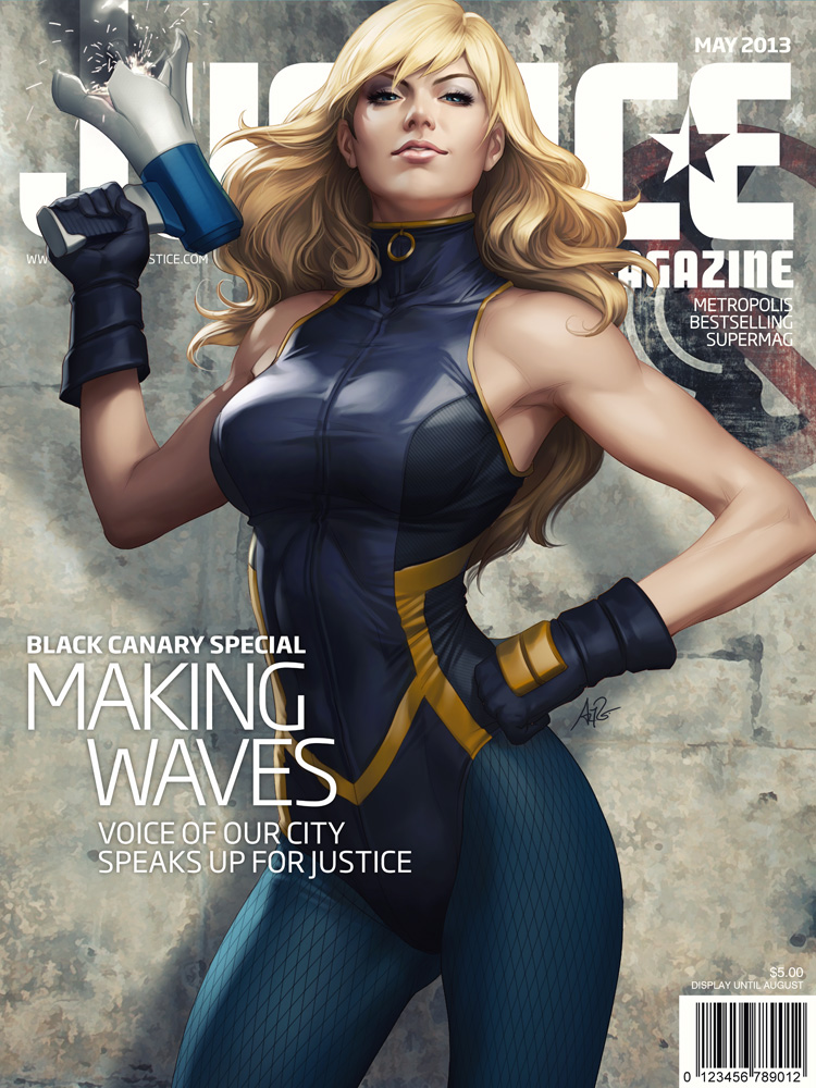 1girl barcode black_canary blonde_hair blue_eyes breasts cover dc_comics eyeshadow gloves hand_on_hip large_breasts long_hair magazine_cover makeup megaphone solo stanley_lau