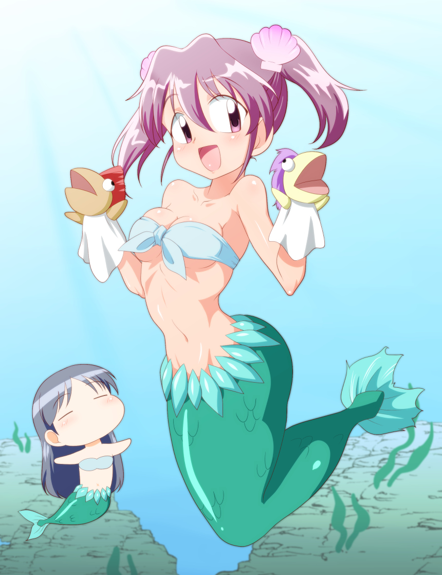 2girls :d breasts chibi fish_tail hand_puppet hii-chan large_breasts mermaid midriff monster_girl multiple_girls namiuchigiwa_no_muromi-san open_mouth pink_eyes pink_hair puppet scales seashell shell smile twintails
