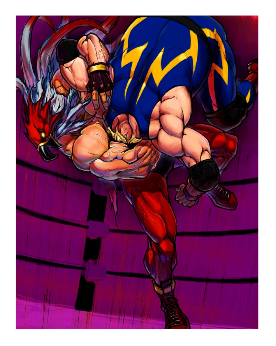 2boys boots company_connection crossover fat_man fatal_fury griffon_mask highres hiroaki_(kof) king_of_fighters lowres mark_of_the_wolves mask multiple_boys muscle official_art raiden_(snk) snk spandex upside-down wrestling wrestling_outfit wrestling_ring
