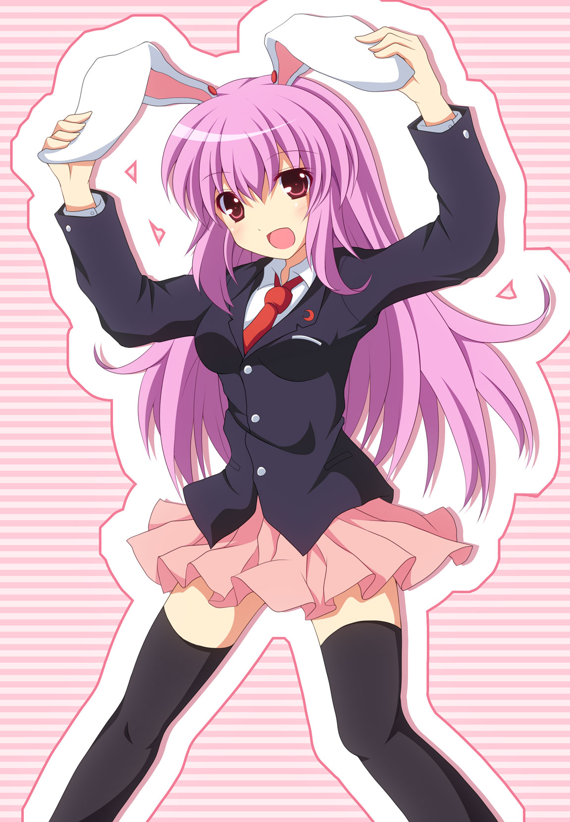 1girl animal_ears arms_up black_legwear crescent cross_(crossryou) ear_grab highres jacket long_hair long_sleeves looking_at_viewer necktie open_mouth pink_eyes pink_hair pleated_skirt rabbit_ears reisen_udongein_inaba shirt skirt smile solo thigh-highs touhou very_long_hair zettai_ryouiki