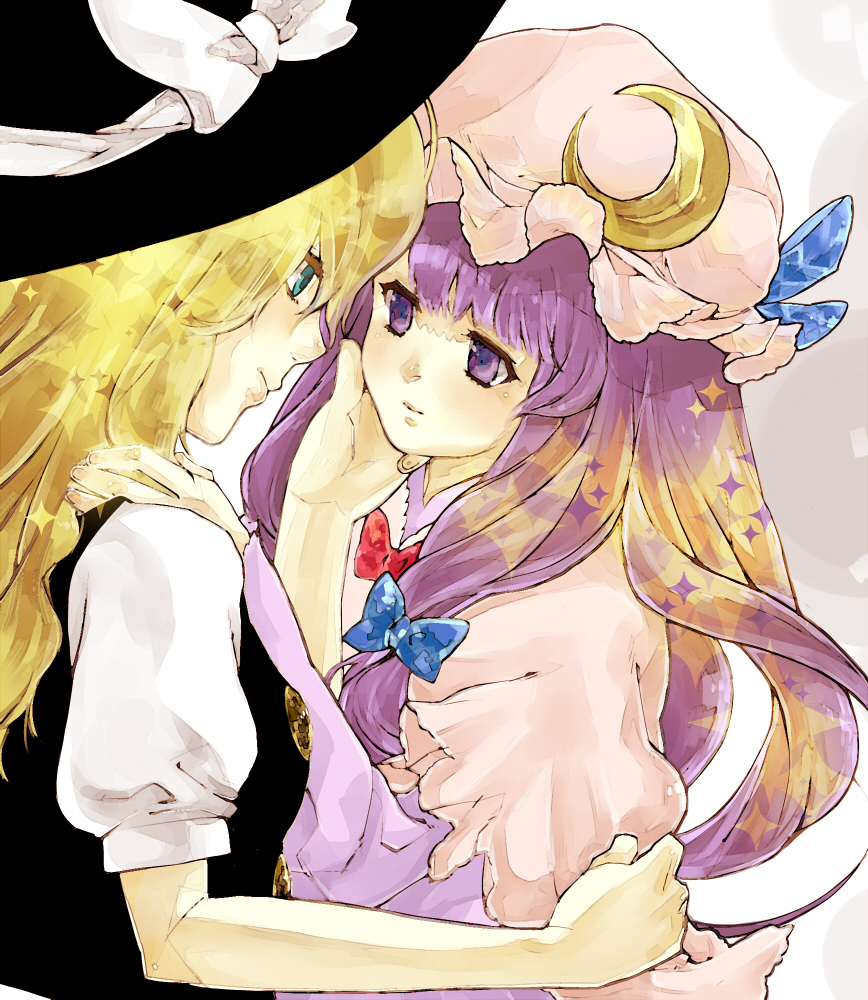 2girls alternate_eye_color blonde_hair blue_eyes couple crescent gr-project hair_ribbon hand_on_another's_face hat kirisame_marisa light_smile moon multiple_girls patchouli_knowledge puffy_short_sleeves puffy_sleeves purple_hair ribbon short_sleeves touching touhou tress_ribbon violet_eyes yuri