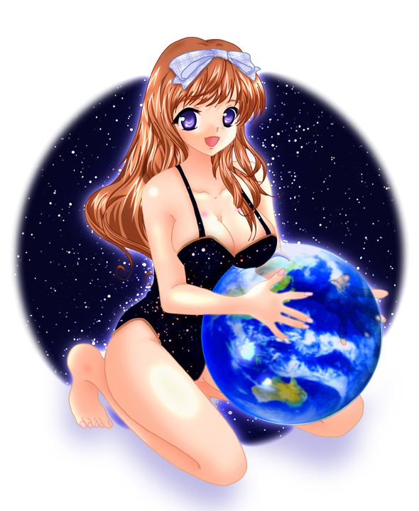 ball brown_hair casual_one-piece_swimsuit earth hinoe_riho long_hair one-piece_swimsuit open_mouth original space swimsuit violet_eyes
