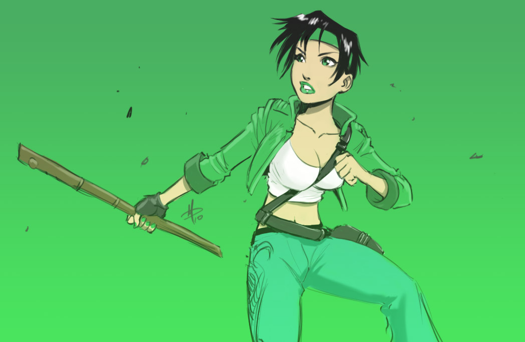 1girl belt beyond_good_and_evil black_hair breasts cleavage cropped_jacket daniel_macgregor fingerless_gloves gloves green_eyes green_lipstick headband jade large_breasts lipstick makeup midriff navel open_clothes open_jacket pants short_hair sleeves_rolled_up solo staff strap_cleavage tank_top weapon