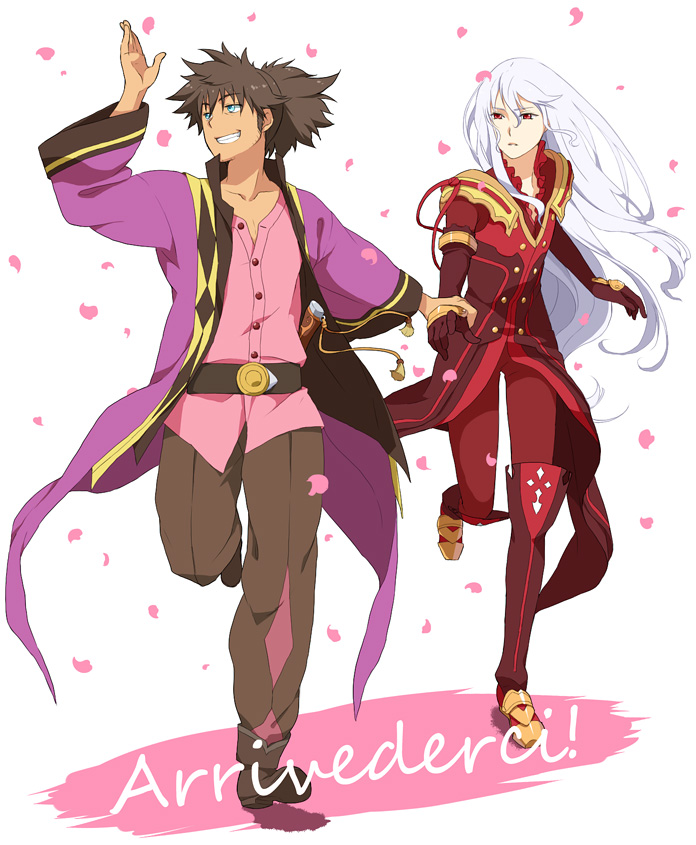2boys albino black_hair blue_eyes boots coat duke_pantarei enomoto_(luck-by-luck) grin holding_hands long_hair male multiple_boys pants petals ponytail raven_(tov) red_eyes running shirt shoes smile tales_of_(series) tales_of_vesperia white_background white_hair