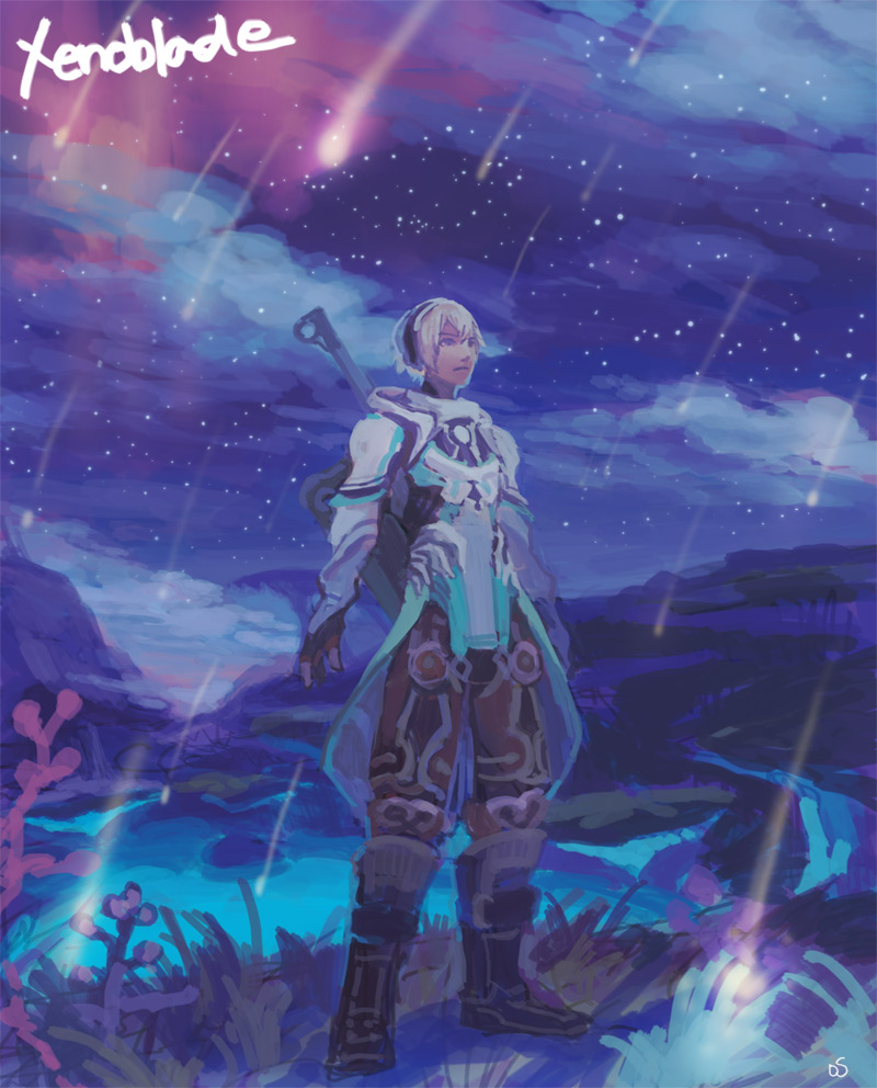 1boy armor iwamoto_james ocean scenery seaweed shooting_star shulk solo xenoblade