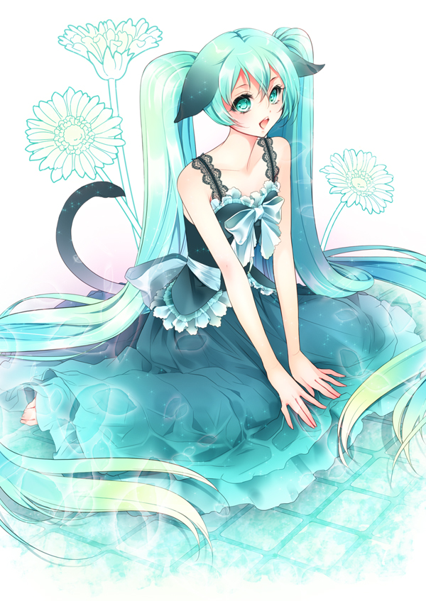 1girl animal_ears barefoot cat_ears cat_tail dress flower green_eyes green_hair hatsune_miku long_hair open_mouth sitting solo tail twintails very_long_hair vocaloid yuina0099