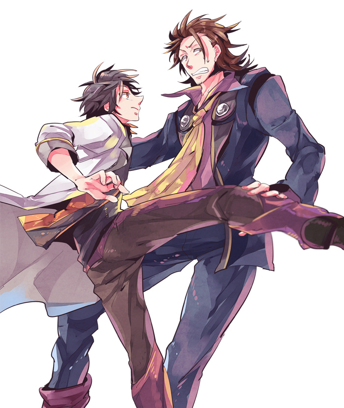 2boys alvin_(tales_of_xillia) black_hair brown_eyes brown_hair clenched_teeth facial_hair ishiwari jacket jude_mathis kicking male multiple_boys necktie pants shoes stubble sweat tales_of_(series) tales_of_xillia tales_of_xillia_2 white_background