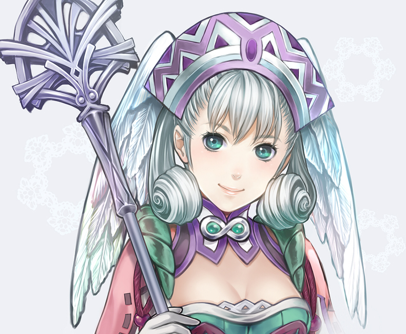 1girl blue_eyes curly_hair gloves hat head_wings melia ohse silver_hair smile solo staff xenoblade