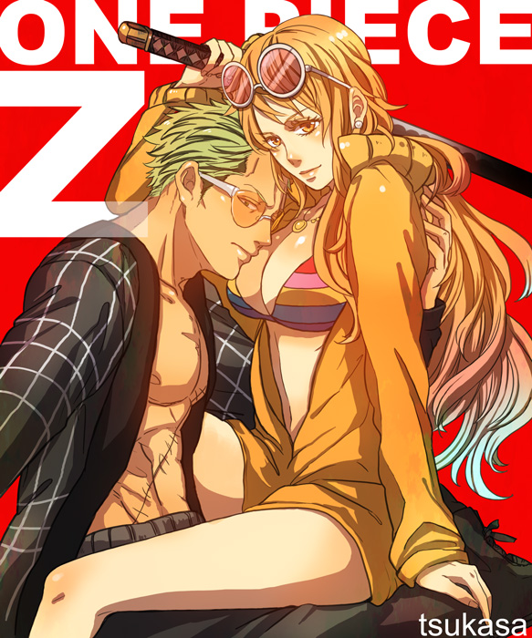 1boy 1girl bespectacled bikini_top couple glasses green_hair hetero jacket jinnai_tsukasa long_hair nami one_piece orange_eyes orange_hair red_background roronoa_zoro scar shirtless sitting sitting_on_lap sitting_on_person smile title_drop