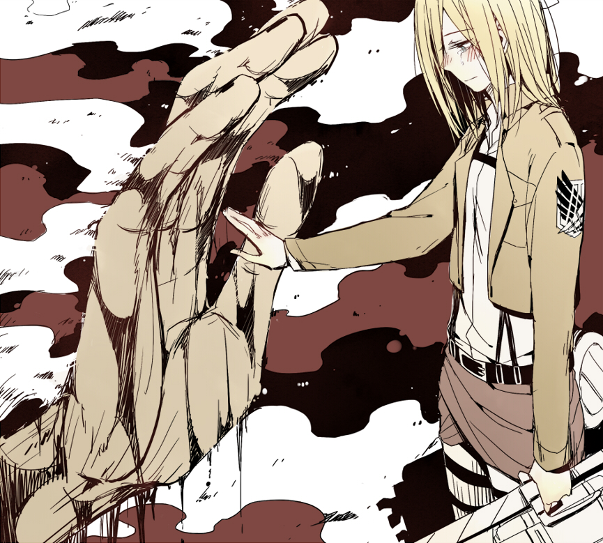 belt blonde_hair blood blush christa_renz doudoude_dou giant jacket long_hair shingeki_no_kyojin spoilers sword tears thigh_strap weapon ymir_(shingeki_no_kyojin)