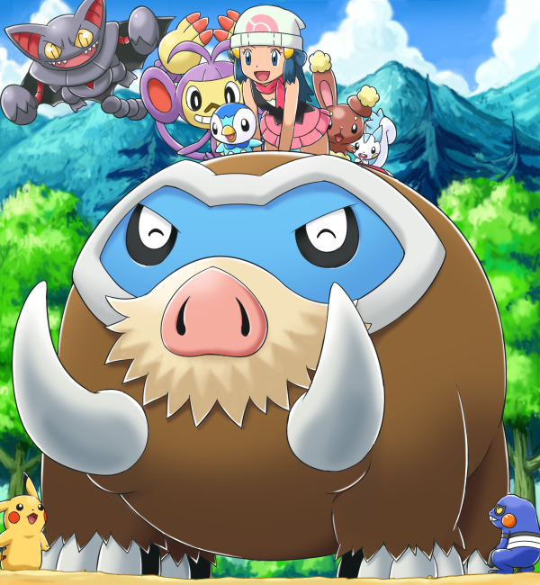 1girl all_fours ambipom blue_eyes blue_hair buneary croagunk fangs gliscor hikari_(pokemon) looking_up mamoswine mountain open_mouth outdoors pachirisu pikachu piplup pokemoa pokemon pokemon_(anime) pokemon_(creature) scarf sky smile tree yellow_sclera