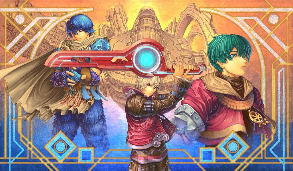 3boys baten_kaitos baten_kaitos_origins blonde_hair blue_eyes blue_hair character_request company_connection deftall green_hair kalas monolith_soft multiple_boys shulk xenoblade