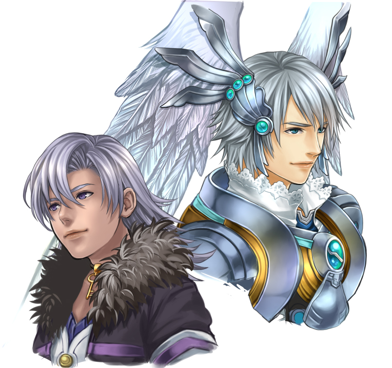 2boys alvis aqua_eyes blue_eyes dark_skin fur_trim head_wings kallian multiple_boys ohse silver_hair white_hair xenoblade